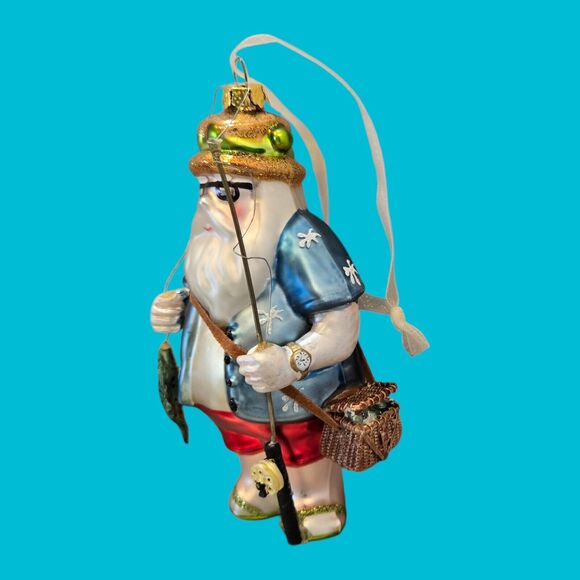 Vacation Hippie Flip Flop Fishing Rod Tiki Santa Claus 5" Blown Glass Ornament - Picture 8 of 12